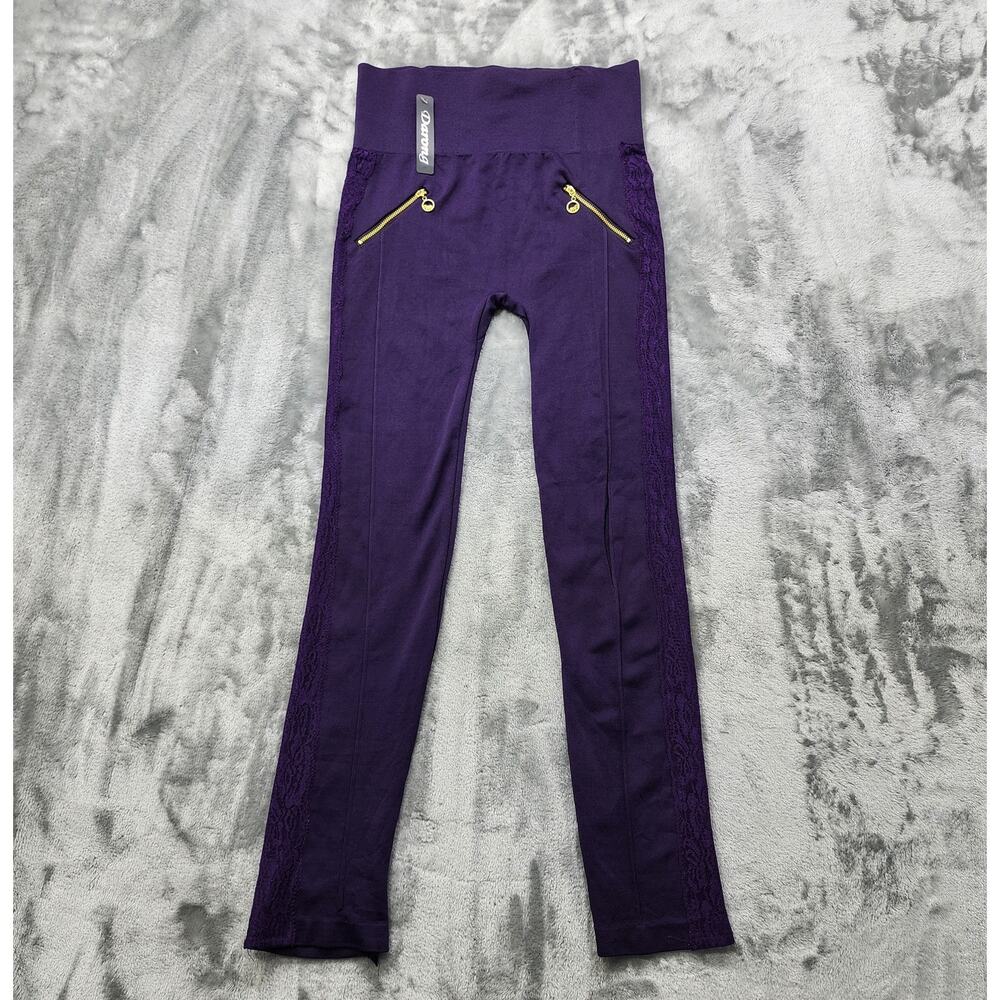 Darong Leggings Womens OS One Size Purple Gold‎ Zippers Pull On Side Lace Stripe